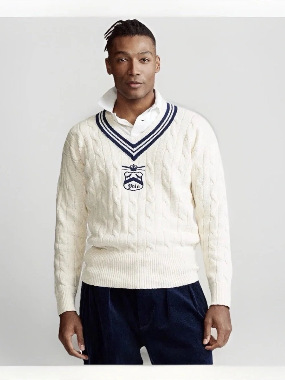 Polo by Ralph Lauren White Cable-Knit V-Neck Sweater with Navy Trim